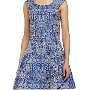 NWOT Women’s Betsey Johnson Blue and White Baroque Patterned Fit & Flare Dress
